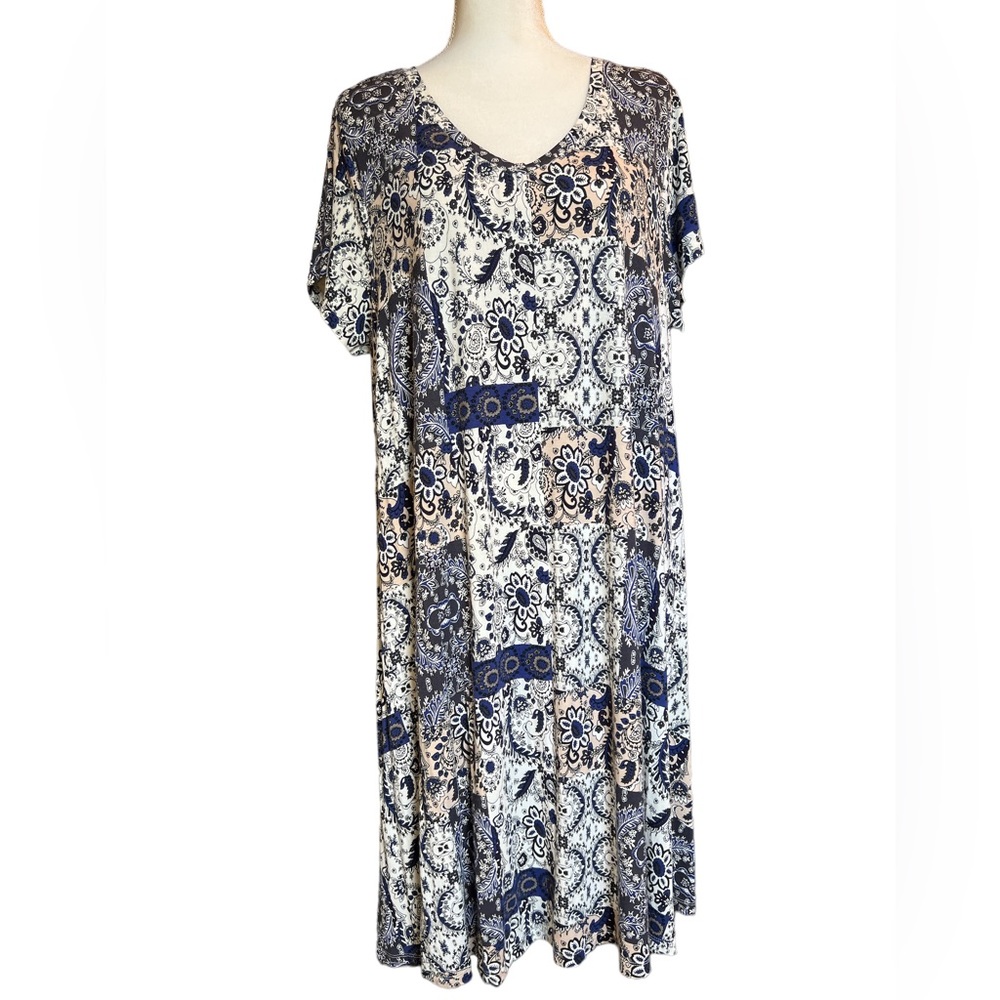 Casual V-Neck Blue Floral Midi Dress